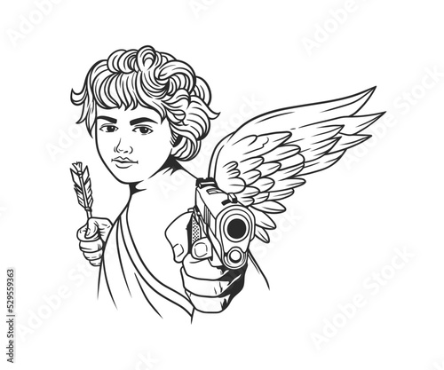 beautiful face cupid angel with wings, pointing gun and holding arrow, vector illustration in line art style