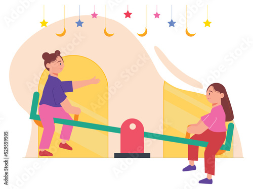 The kids play of the teeter totter. Two seat to player the teeter totter.  Indoor playing with the plastic teeter totter for kids . SVG vector illustration