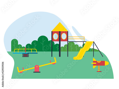 Kids playground exciting. Playground equipment names. SVG vector illustration.