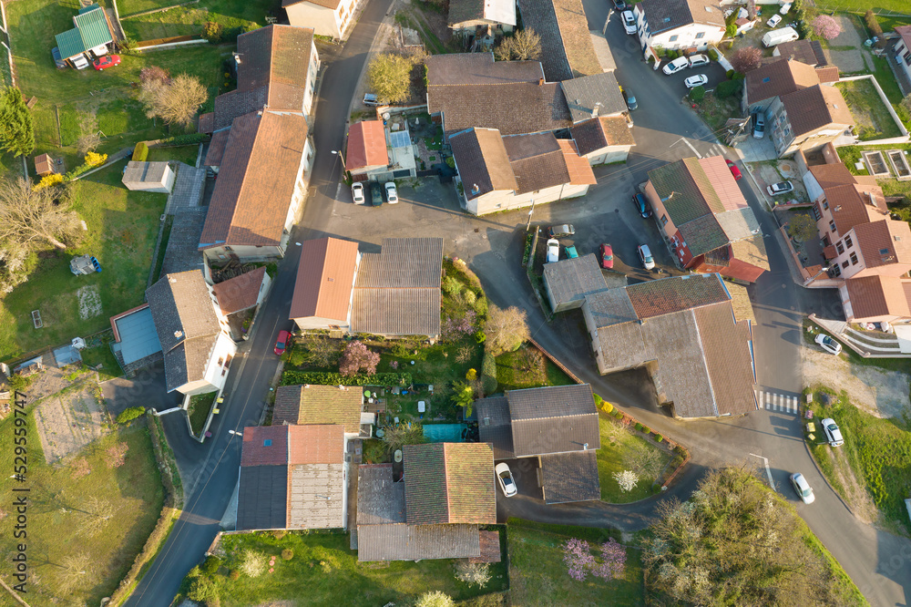 Aerial view of residential houses in green suburban rural area