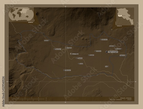 Armavir, Armenia. Sepia. Labelled points of cities photo