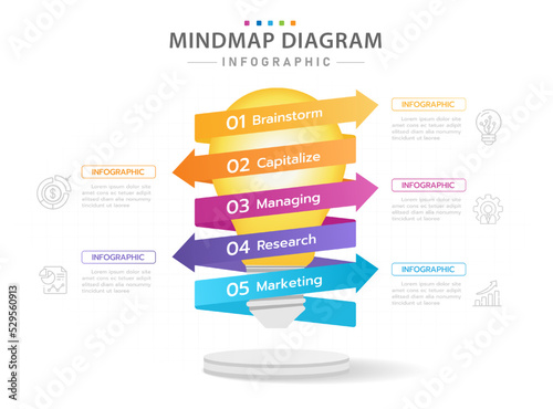 Infographic template for business. 5 Steps Modern Mindmap diagram with topics and light bulb, presentation vector infographic.