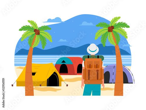 Backpaker in camp. Backpaker checklist for camp. Camping location is near the beach. PNG illustration photo