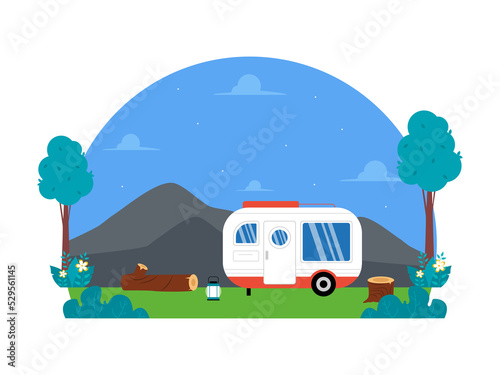 Car camping with view of mountain. Family car camping. PNG illustration © roundsquid