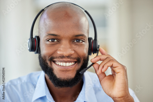 Foto Sales black man portrait, call center agent and customer service support worker for advice, consulting and expert communication