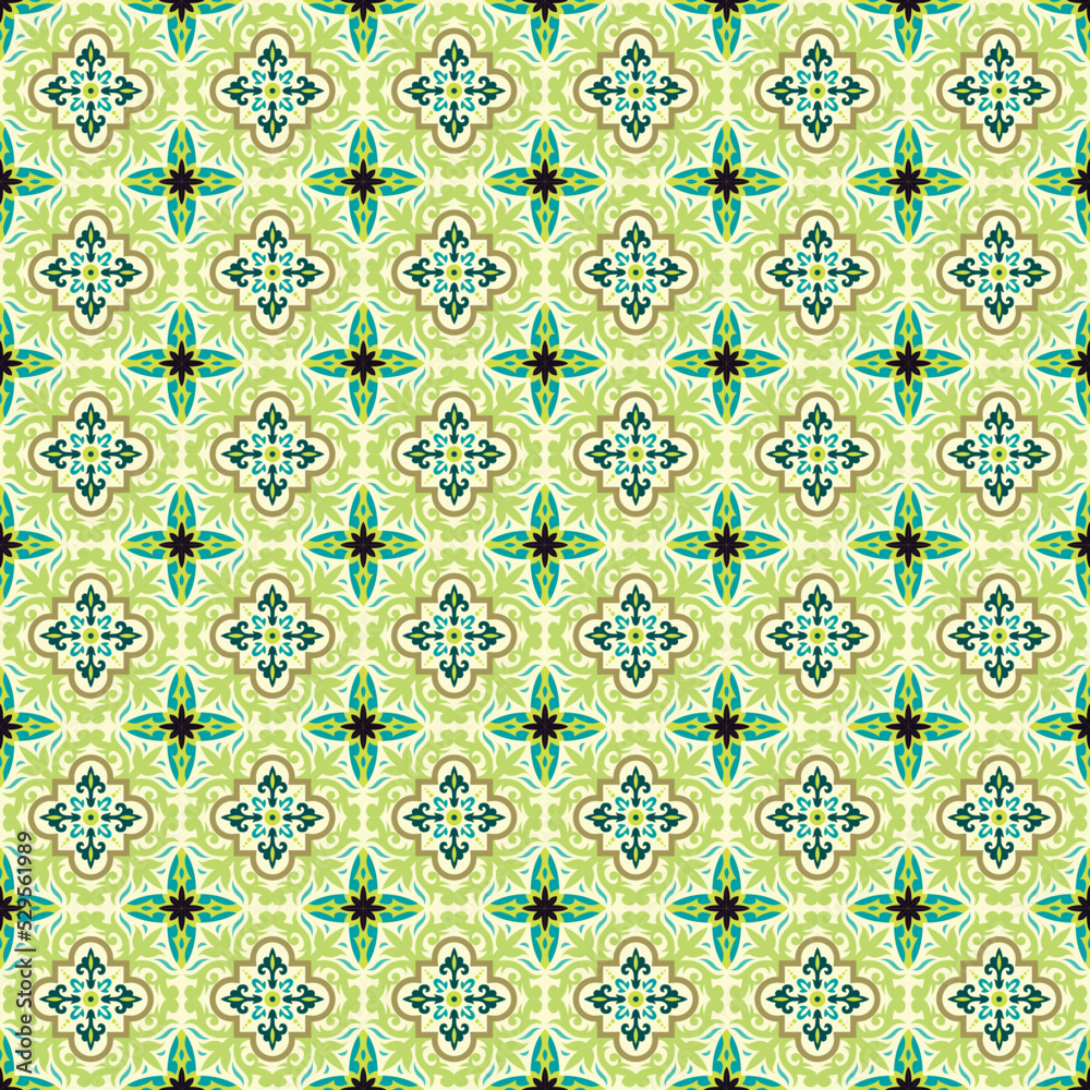patterned azulejo floor tiles. Abstract geometric background. Vector illustration, seamless mediterranean pattern. Portuguese floor tiles azulejo design. Floor cement talavera tiles collection