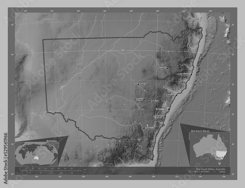 New South Wales, Australia. Grayscale. Labelled points of cities photo