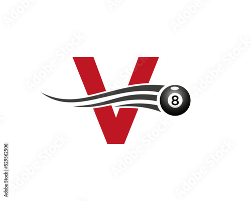 Letter V Billiards or Pool Game Logo Design For Billiard Room or 8 Ball Pool Club Symbol Vector Template
