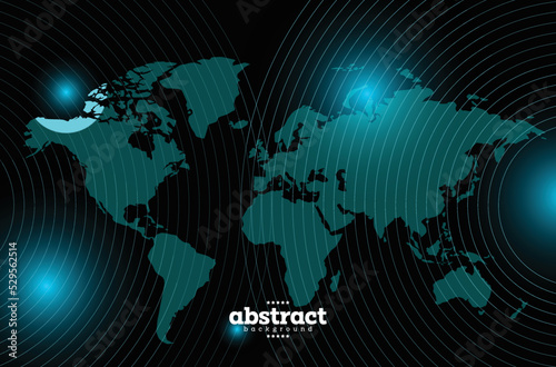 world map with light particle and sphere line striped ocean blue comunication technology theme background can be use for advertisement poster banner package and label design website cover vector eps.