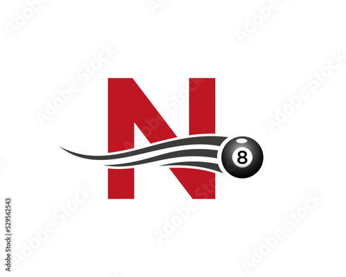 Letter N Billiards or Pool Game Logo Design For Billiard Room or 8 Ball Pool Club Symbol Vector Template