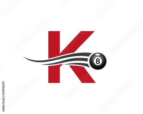 Letter K Billiards or Pool Game Logo Design For Billiard Room or 8 Ball Pool Club Symbol Vector Template