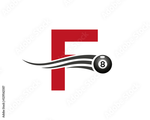 Letter F Billiards or Pool Game Logo Design For Billiard Room or 8 Ball Pool Club Symbol Vector Template