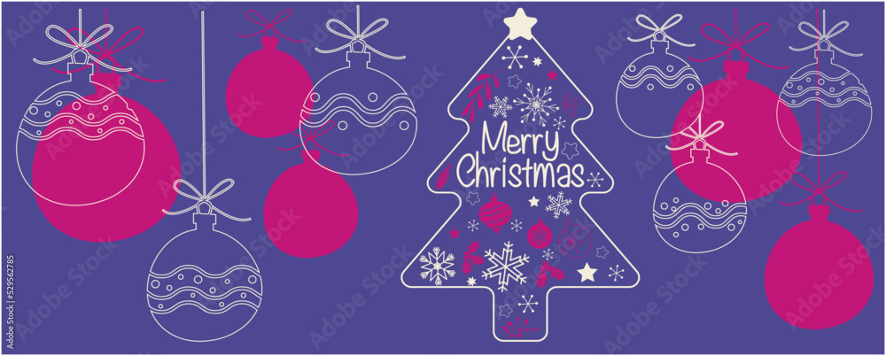 Winter holiday and Christmas concept decoration background. Merry Christmas text and ornaments decorative illustration. Vector illustration.