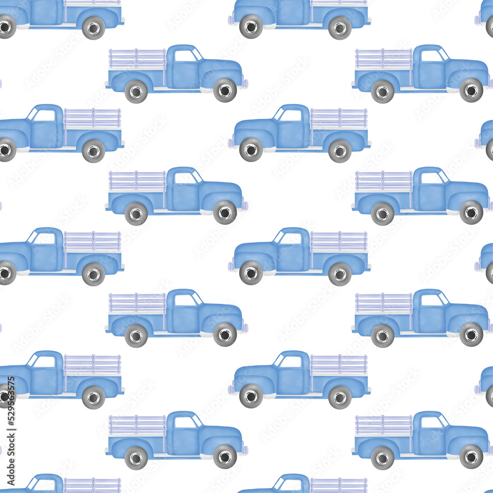 Autumn Pumpkin Truck Seamless Pattern Digital Papers PNG with Transparent Background. Lovely Vintage Farm Truck in pastel watercolor.