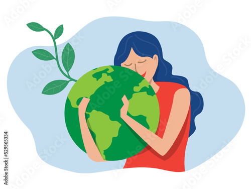 World Earth Day green eco energy , Young  woman embracing the planet Earth with World Earth Day and Save the Planet concept of conservation, protection and reasonable consumption of natural resources.