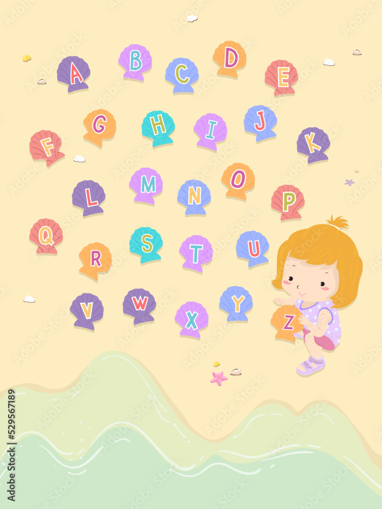 Kid Girl Beach Shells Alphabet Illustration Kid Girl Beach Shells Alphabet Illustration