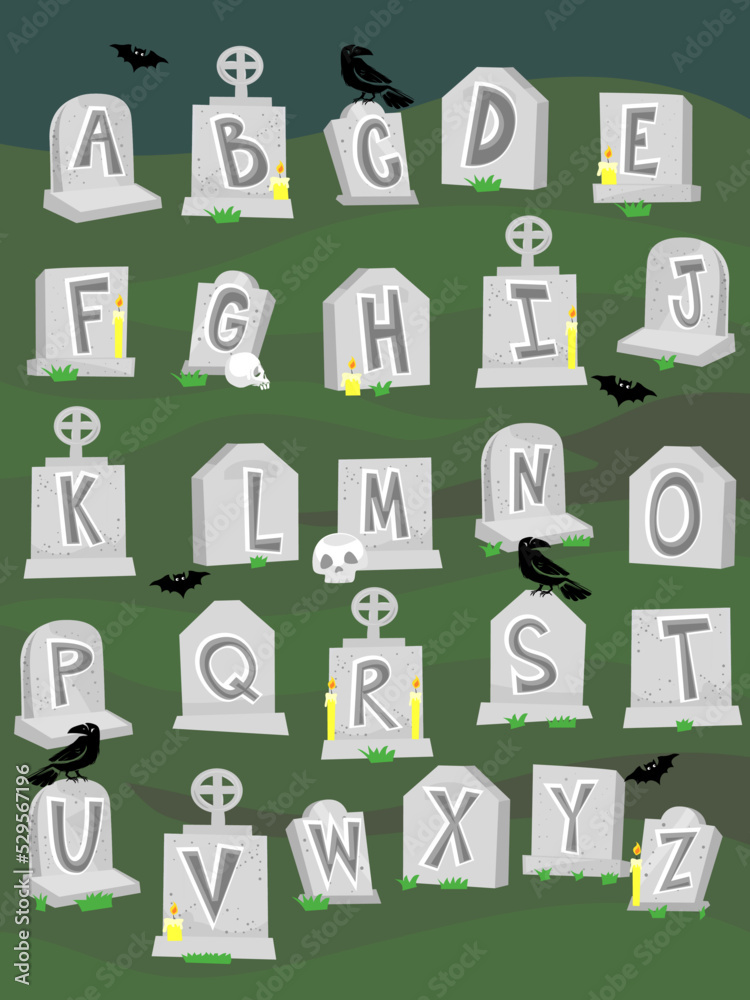 Gravestone Alphabet Crows Bats Illustration