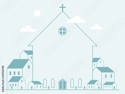 Church Houses People Background Illustration