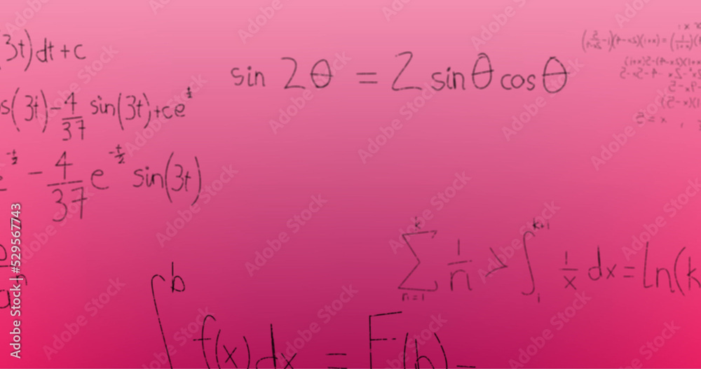 Image of hand written mathematical formulae over pink background