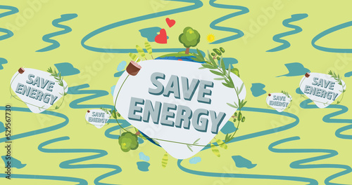 Image of save energy text over globe with trees and leaves on blue and green background
