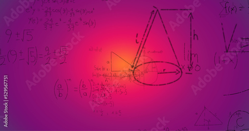 Image of hand written mathematical formulae over purple background