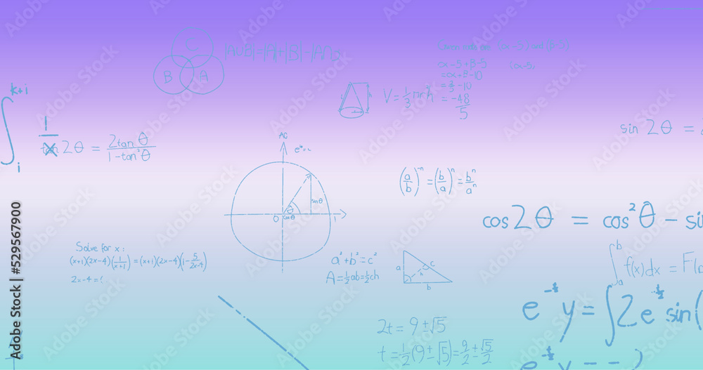Image of handwritten mathematical formulae over blue to purple background Image of handwritten mathematical formulae over blue to purple background