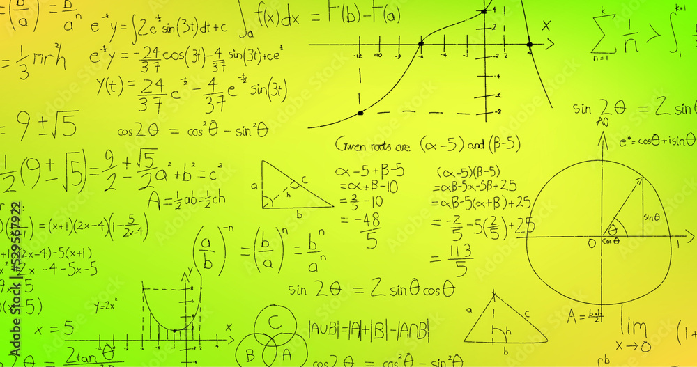 Image of hand written mathematical formulae over yellow background Image of hand written mathematical formulae over yellow background
