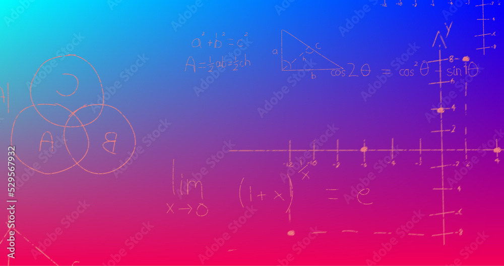 Image of handwritten mathematical formulae over blue to red background