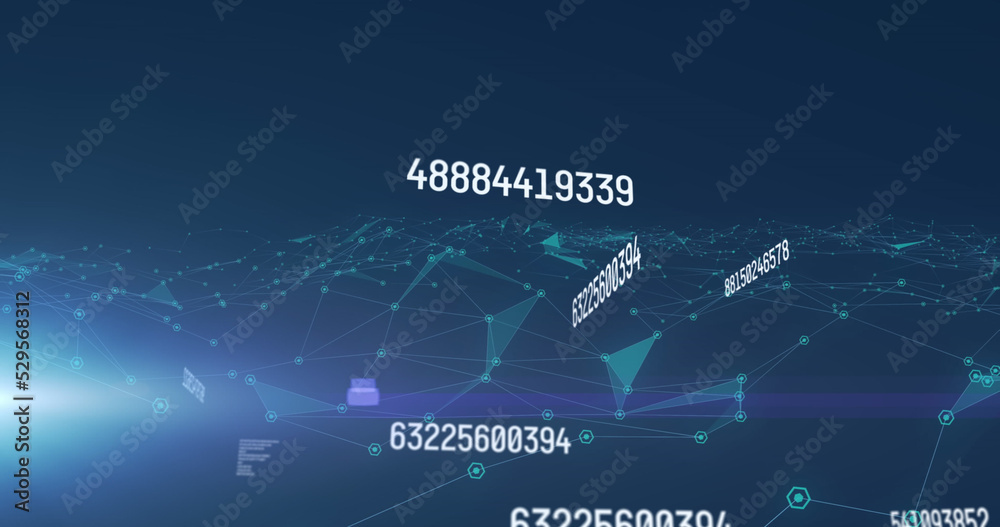 Fototapeta premium Multiple changing numbers and data processing over plexus networks against blue background