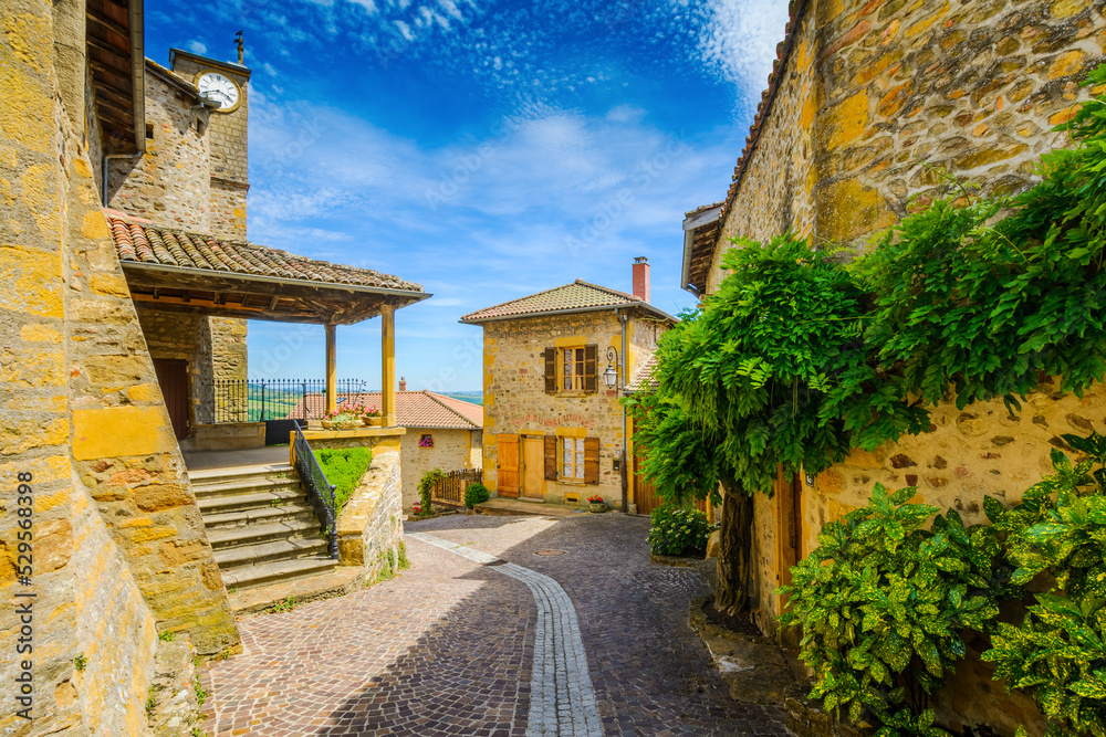 In the street of the medieval village Ternand in France