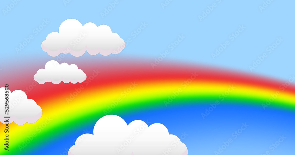 Image of clouds over rainbow on blue background Image of clouds over rainbow on blue background