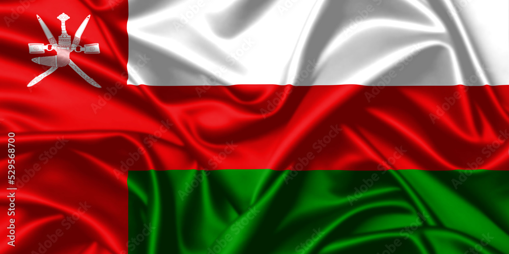Oman waving national flag close up silk texture satin illustration background.