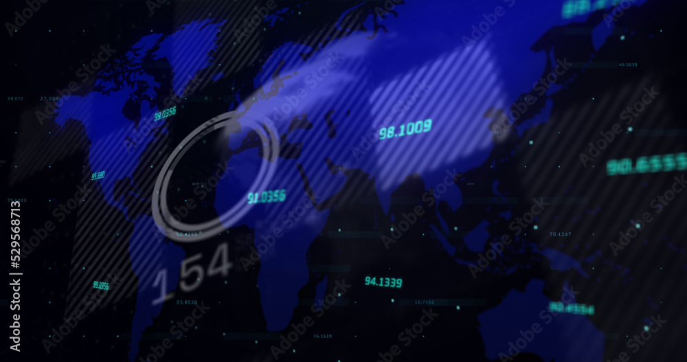 Image of world map and financial data processing over black background Image of world map and financial data processing over black background