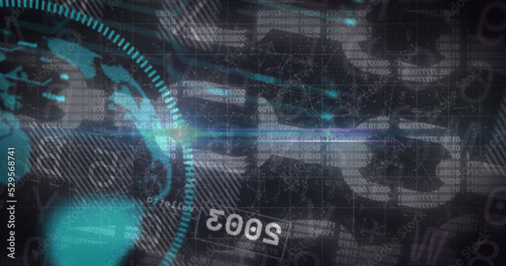 Obraz premium Image of globe and financial data processing over black background