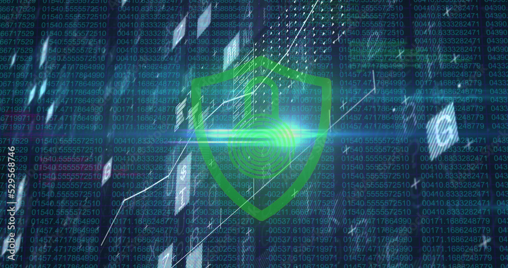 Image of padlock and financial data processing over black background Image of padlock and financial data processing over black background