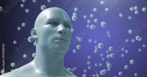 Image of virus cells floating over human head on blue background