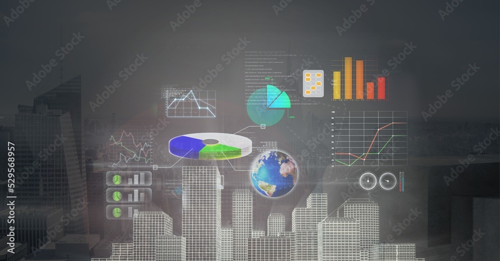 Digital interface with data processing and 3d city model against aerial view of cityscape Digital interface with data processing and 3d city model against aerial view of cityscape