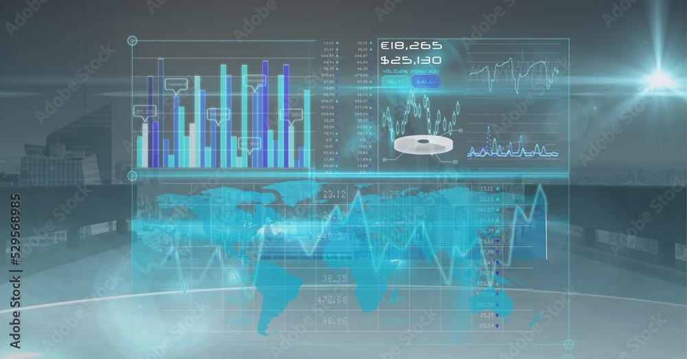 © vectorfusionart - Digital interface with data processing and spot of light against aerial view of cityscape © vectorfusionart - Digital interface with data processing and spot of light against aerial view of cityscape