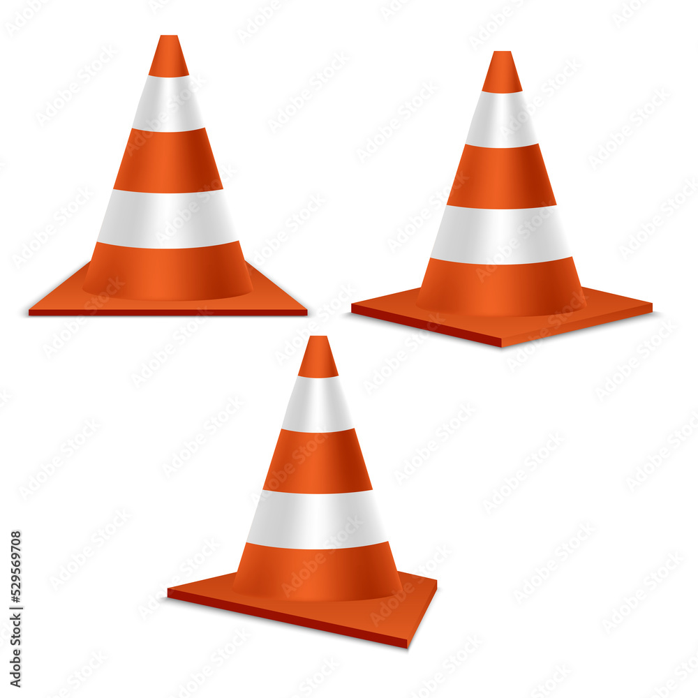 Set of traffic cones. Orange realistic road plastic cones with white striped. Set of traffic cones. Orange realistic road plastic cones with white striped.