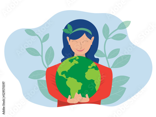 World Earth Day green eco energy , Young  woman embracing the planet Earth with World Earth Day and Save the Planet concept of conservation, protection and reasonable consumption of natural resources.