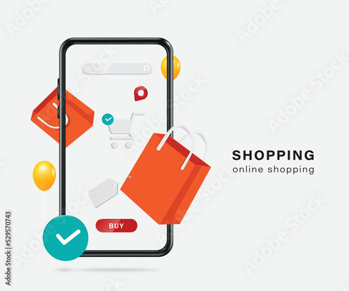 orange shopping bag,cart icon,pin,buy icon and order confirmation icon Pops are on smartphone screen,vector 3d isolated on white backgroud for delivery and online shopping advertising concept design