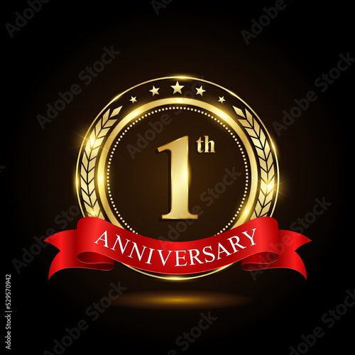 1st golden anniversary logo, with shiny ring and red ribbon, Laurel wrath isolated on black background, vector design