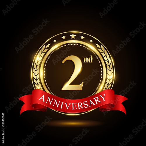 2nd golden anniversary logo, with shiny ring and red ribbon, Laurel wrath isolated on black background, vector design