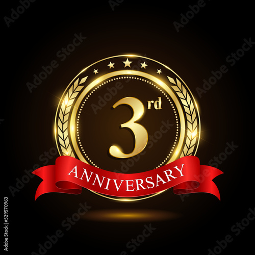 3rd golden anniversary logo, with shiny ring and red ribbon, Laurel wrath isolated on black background, vector design