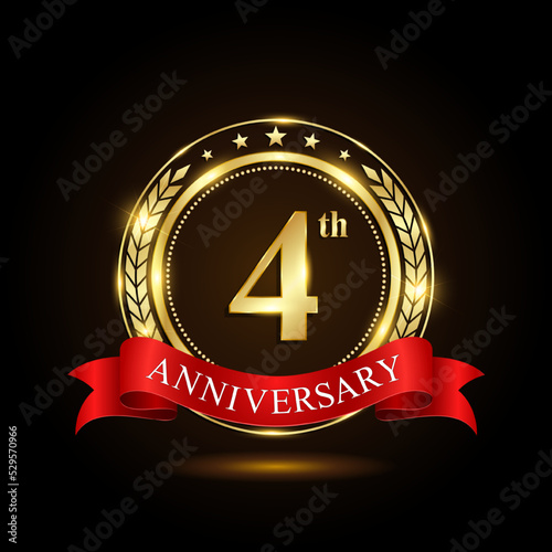 4th golden anniversary logo, with shiny ring and red ribbon, Laurel wrath isolated on black background, vector design