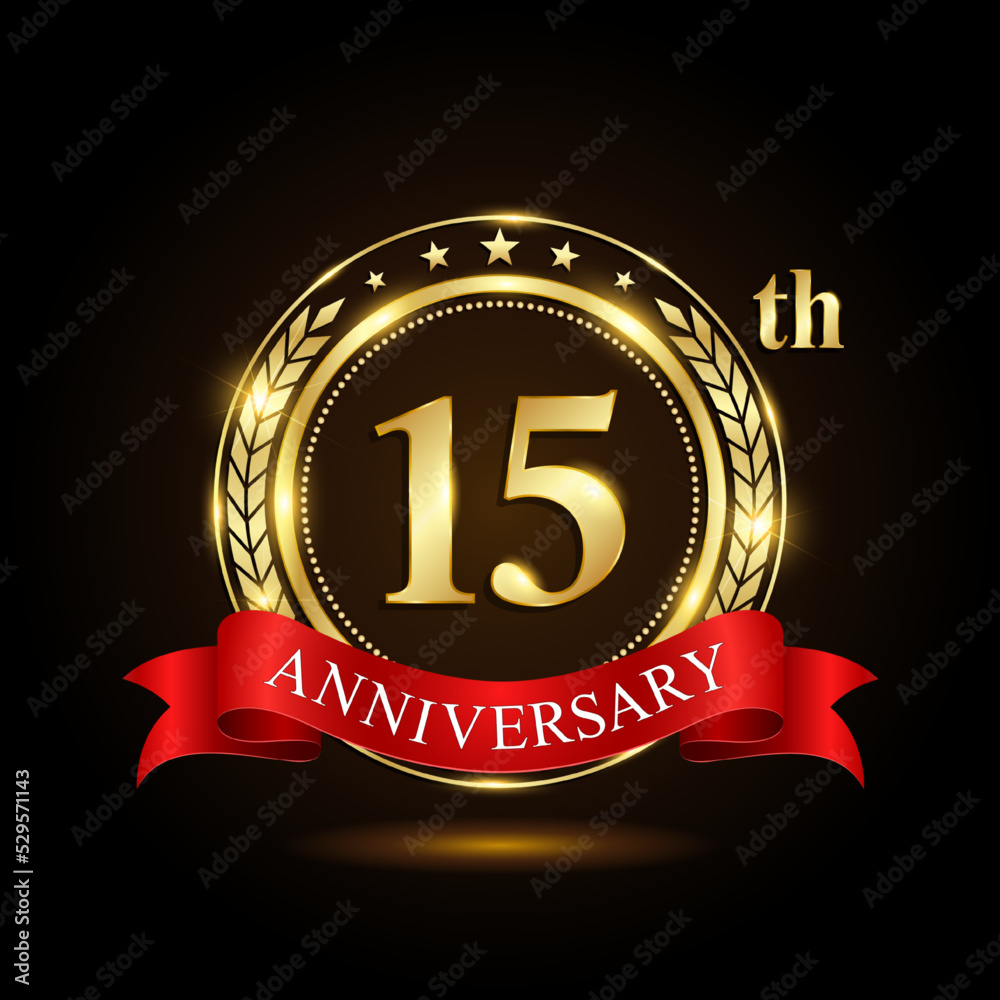 15th golden anniversary logo, with shiny ring and red ribbon, Laurel wrath isolated on black background, vector design 15th golden anniversary logo, with shiny ring and red ribbon, Laurel wrath isolated on black background, vector design