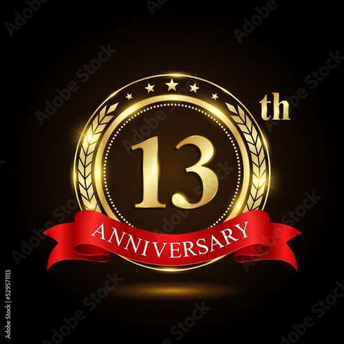 13th golden anniversary logo, with shiny ring and red ribbon, Laurel wrath isolated on black background, vector design
