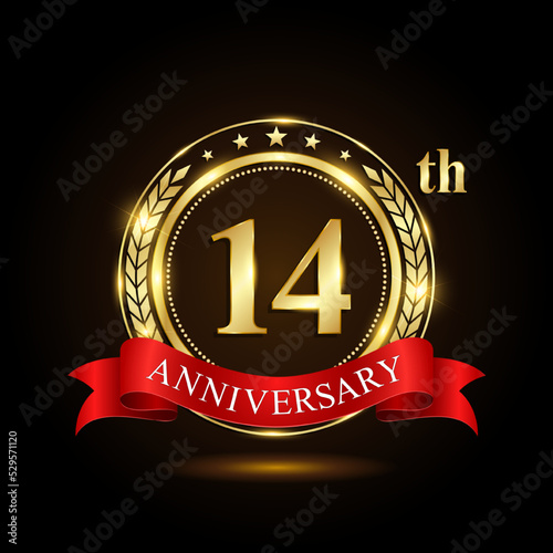14th golden anniversary logo, with shiny ring and red ribbon, Laurel wrath isolated on black background, vector design