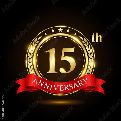15th golden anniversary logo, with shiny ring and red ribbon, Laurel wrath isolated on black background, vector design
