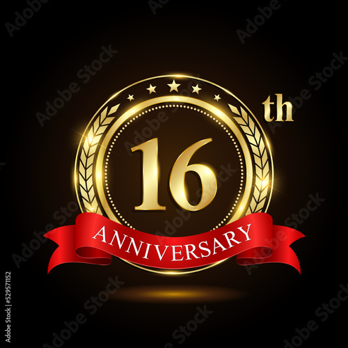 16th golden anniversary logo, with shiny ring and red ribbon, Laurel wrath isolated on black background, vector design
